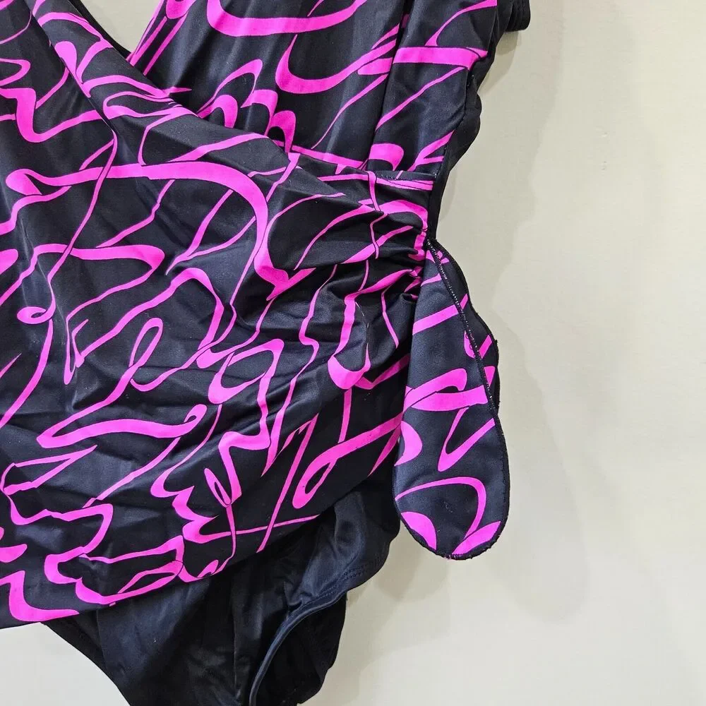 Longitude Women's Wrap One Piece Swim Suit Black Purple Beach Resort Vacation
